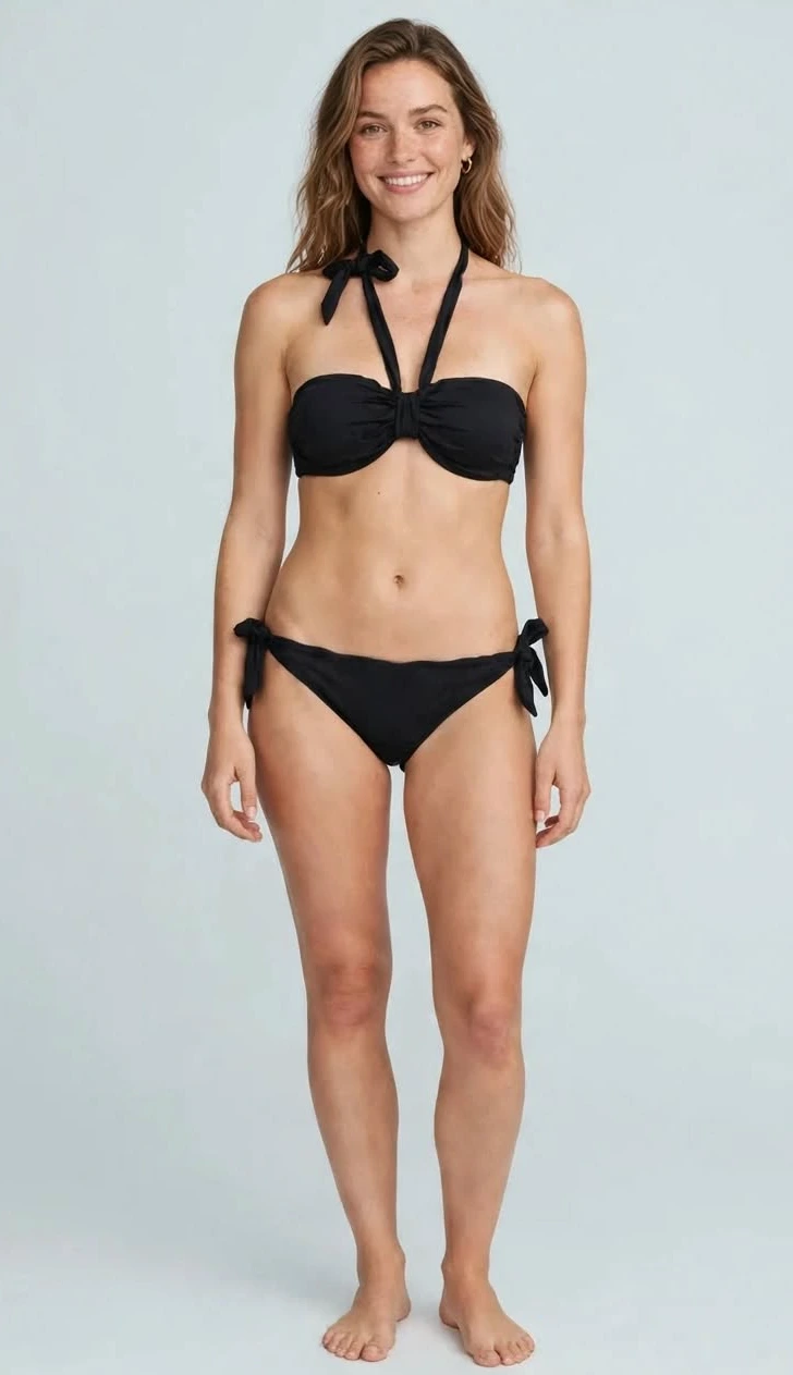 AI model in beach resort swimwear catalog shot
